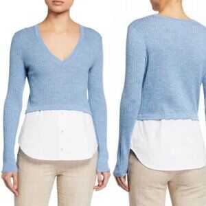 Veronica Beard Lydia Mixed Media V-Neck Pullover XL Blue